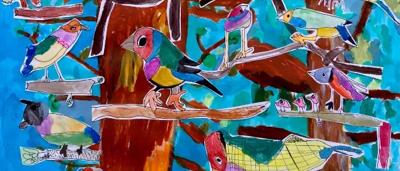 Gouldian finches flock, perched on branches, vibrant colors, Scots College background.