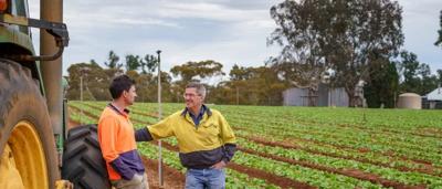 Farmers in field, nature elements, risk assessment graphic.