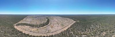 Deforestation scene: Cuttabri, Australia. Trees felled, cleared land, visible impact.
