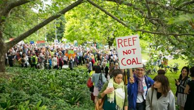 Header image: Coral reef scene with text "Reef Not Coal".
