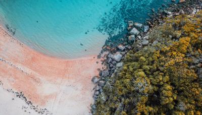 Australia beach header image: blue ocean, golden sand, clear sky, distant horizon.
