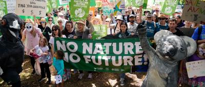 March for Nature 2024: Crowd of people marching, holding signs, trees in background, sunny day.