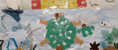 Trashy Turtle, Hunter, holding trash, beach scene.