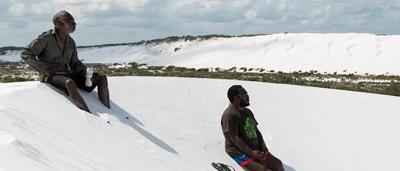 Shelburne Dunes landscape. Sandy beach, ocean, and dunes under a blue sky.