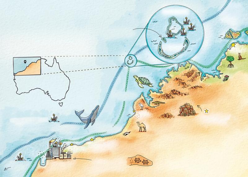 Illustrated map showing Scott Reef north-west of Broome, proposed Woodside drilling sites, turtle and whale migration paths, and the North West Shelf gas plant on the Burrup Peninsula.