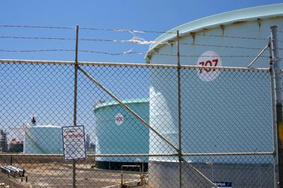 Refinery with smoke stacks, Stephen Barber photo.