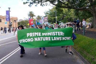 Crowd marching, banners, nature backdrop, March for Nature 2024.