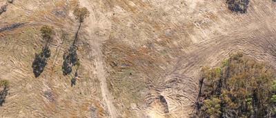 Drone view: Red rock formations, desert landscape, blue sky.