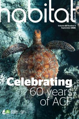 Cover image: Habitat magazine, August 2025. Features a vibrant nature scene with trees and foliage.