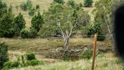 Two men smiling, outdoors. One holds a microphone. Background: trees and sky.