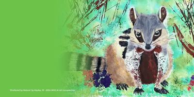 Banner: Nature scene, wildlife art, trees, sky, text.