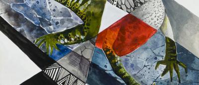 Lizard art, green and brown, on a textured background.