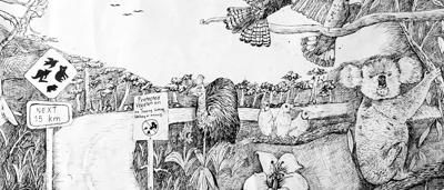 Australian landscape painting, vibrant colors, mountains, trees, and a river.