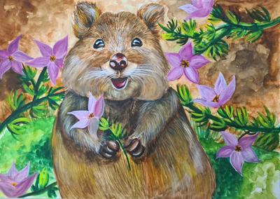 Woman smiling, holding a dog, outdoors, sunny day.