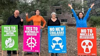 A colorful abstract design with overlapping shapes and gradients.