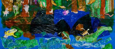 Artistic ecosystem illustration, trees, animals, vibrant colors, interconnectedness, nature scene.