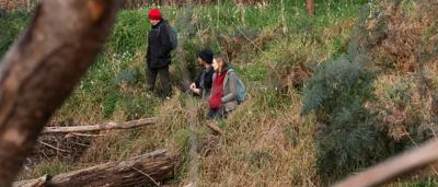 Woman in field, holding a camera, taking a photo of a landscape with trees and mountains.