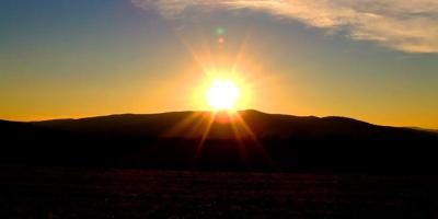 Sunset over ocean, silhouetted trees, orange and purple sky.