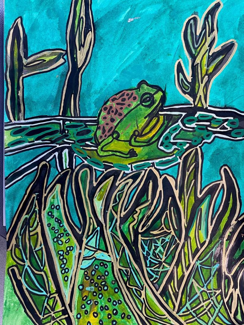 Student artwork: A small frog with a big problem by Ari, age 9