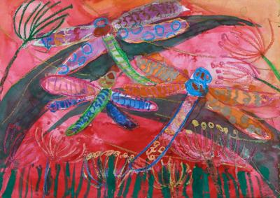 Giant dragonfly artwork, blood-red sky, finalist, threatened species art competition.