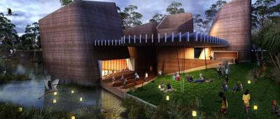 Jabiru bird impression, stylized, black and white, beak prominent, wings spread.