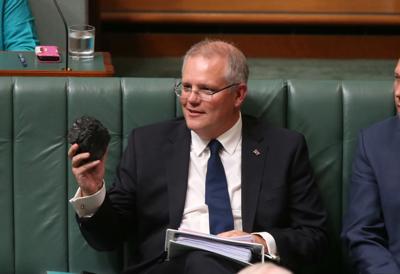 Header image: Scott Morrison, coal, text overlay, Australian flag, blue sky.