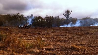 Land clearing photo: Burning tree piles, taken from a car window, Clonmel Rd, Yarrowitch.